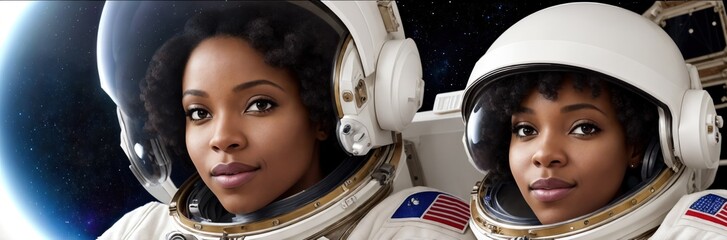 Afro woman astronaut in a space suit aboard the orbital station. A young female cosmonaut pilots a spaceship. Galactic travel and science concept. Banner