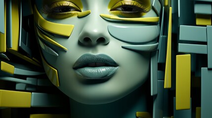 A playful cartoon woman donning a vibrant yellow and green masque, exuding an aura of mystery and whimsy