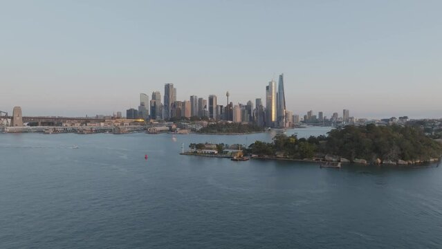 Aerial view of skyscrapers from a financial district in Sydney downtown along Parramatta River and the bay, New South Wales, Sydney, Australia.