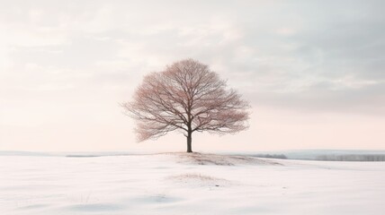 Lone lonely tree in winter snow solitude, minimalist. Generative AI image weber. - obrazy, fototapety, plakaty