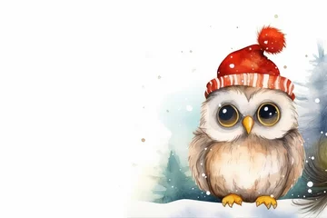 Fototapeten Watercolor image of Christmas card with a cute owl wearing a Santa hat with free space for your text © Veniamin Kraskov