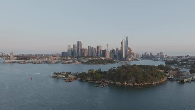 Aerial view of skyscrapers from a financial district in Sydney downtown along Parramatta River and the bay, New South Wales, Sydney, Australia.