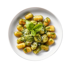 plate of gnocchi with pesto top view isolated on white background, ai generated