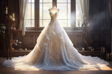 Clothes and accessories concept. Beautiful various white wedding dresses fancy background with copy space. Expensive and luxurious wedding salon background. Generative AI