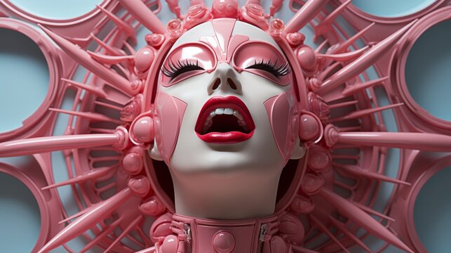 A cartoon mannequin's pink face contorts in an angry image, evoking a sense of horror as its detached head embodies a wild and fluid style