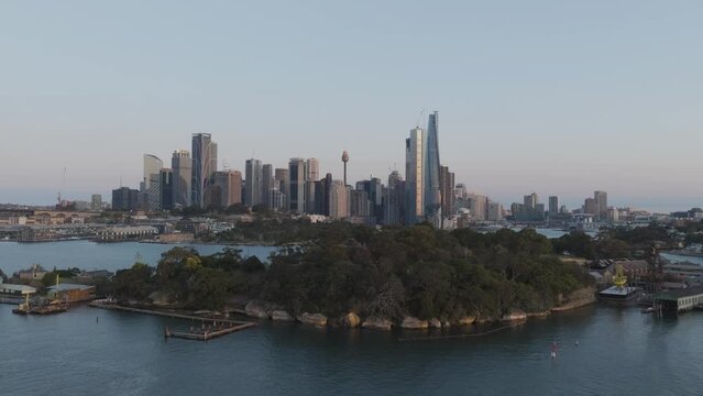 Aerial view of skyscrapers from a financial district in Sydney downtown along Parramatta River and the bay, New South Wales, Sydney, Australia.