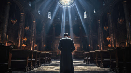 The priest reads a prayer in the church