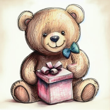 Teddy bear birthday party with a present pencil illustration 