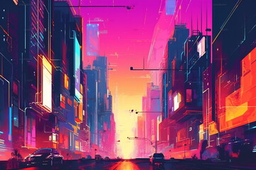 Retro futuristic city background. 80s sci-fi synthwave cityscape