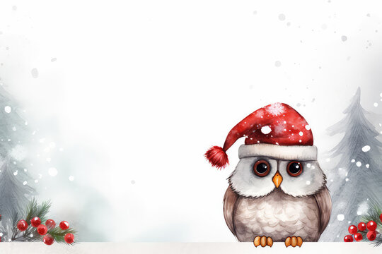 Watercolor image of Christmas card with a cute owl wearing a Santa hat with free space for your text