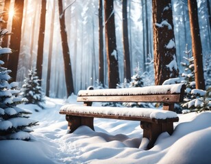 Wooden bench covered by heavy snow in the winter forest. Beautiful calm serenity nature. The sun shines between the tree trunks in early spring. Christmas greeting card