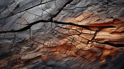 Nature's ancient secrets revealed through the rugged texture of a cracked wood, nestled in a mountainous cave surrounded by towering trees and rocky formations