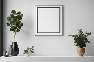 Empty square frame mockup in modern minimalist interior with plants in trendy vases on white wall