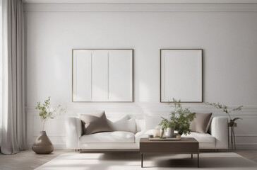 Minimalist Elegance: Empty Frame Mockups Adorning a Modern Interior with a Clean White Wall Background - The Perfect Template for Art Display.