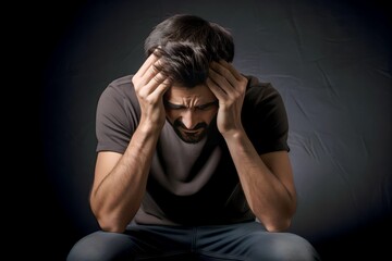 stressed sick man holding head sitting alone on black background