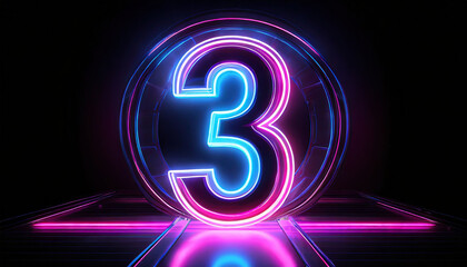 d render, number three glowing in the dark, pink blue neon light