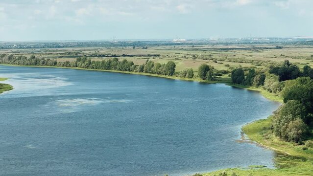 Picturesque view of the Kama River from the observation deck at the Yelabuga settlement. The movement of clouds over the river. Lower Kama National Park. Yelabuga, Republic of Tatarstan, Russia, 4K