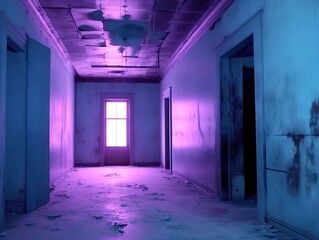 Obraz premium An abandoned room with roughness on walls, a room in blue-violet shades. Created with Generative Ai technology.