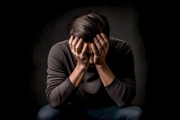 stressed sick man holding head sitting alone on black background