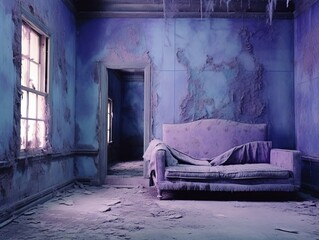 An abandoned room with roughness on walls, a room in blue-violet shades. Created with Generative Ai technology.
