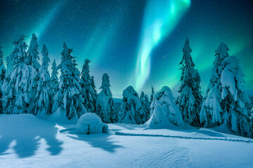 Aurora borealis. Northern lights in winter mountains. Wintry scene with glowing polar lights and snowy igloo. Christmas postcars