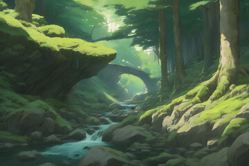 Mononoke Hime is a natural place where gods live. There is a stream flowing in the forest, there is some moss on the rocks, and sunlight can be seen through the branches of trees in the distance. Draw