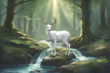 Mononoke Hime is a natural place where gods live. There is a stream flowing in the forest, there is some moss on the rocks, and sunlight can be seen through the branches of trees in the distance. Draw