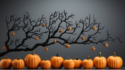 Amidst the vivid autumn sky, a cluster of gourds perched upon a tree like whimsical ornaments, embodying the spirit of halloween with their plump orange flesh and vibrant energy
