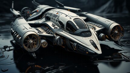 Racing through the stars, this sleek and futuristic spacecraft blends the power of a motorcycle with the luxury of a car