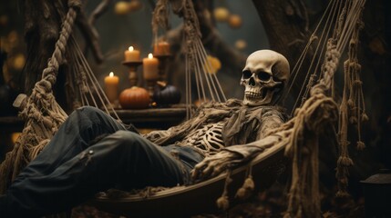 A bony figure rests peacefully in a macabre hammock, its empty eye sockets staring into the unknown - obrazy, fototapety, plakaty