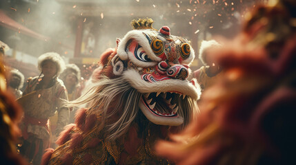 Head lion dance in Chinese cultures - obrazy, fototapety, plakaty