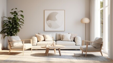Obraz na płótnie Canvas Scandinavian Elegance - Armchair with Pillow, Glowing Lamp, and Potted Plant in a Cozy Living Room. Perfectly Simple Interiors for Modern Lifestyle