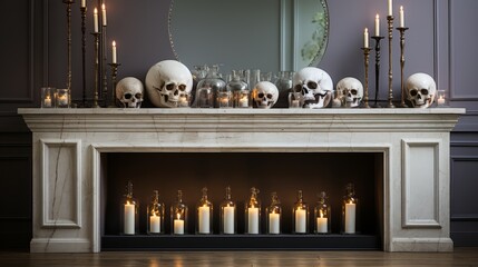 A flickering glow illuminates the eerie display of candles and skulls adorning the indoor fireplace, casting haunting shadows on the wall and shelf in the room