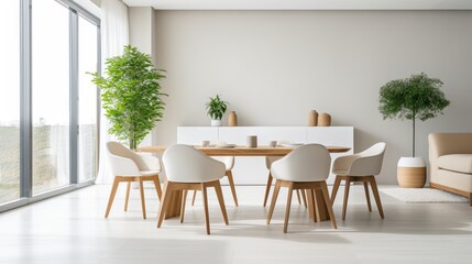 Fototapeta na wymiar Selling Modern Living - Spacious Dining Room in a Newly Renovated Apartment. Ideal for Renting or Selling Real Estate. Contemporary Minimalist Design with White Furniture