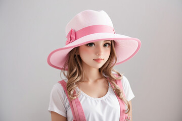 A beautiful young woman wearing a pink hat