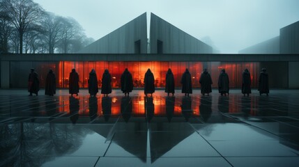 In the misty fog, a group of black-robed figures stand amidst a surreal landscape of towering trees and reflective architecture, their presence both ethereal and powerful - obrazy, fototapety, plakaty