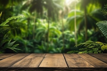 The empty rustic wooden plank table top with blur background of jungle. Generative AI image AIG30.