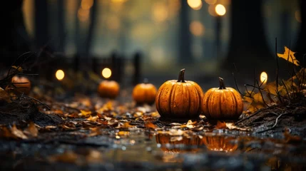 Fotobehang A vibrant scene of autumn magic, as pumpkins and gourds rest peacefully on ground amidst scattered leaves and flickering candles, embodying the essence of halloween and bountiful beauty of the season © Envision