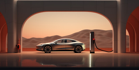 An electric car is charging at an electric station in the city, sunset light, future technologies.