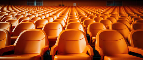 orange tribunes. seats of tribune on sport stadium. empty outdoor arena. concept of fans. chairs for audience. cultural environment concept. color and symmetry - obrazy, fototapety, plakaty