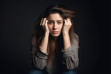 stressed sick woman holding head sitting alone on black background
