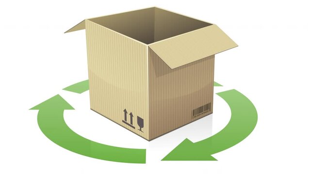 Animation loop of an open empty cardboard box around which the symbol of the 3 circular green arrows rotates isolated on a white background