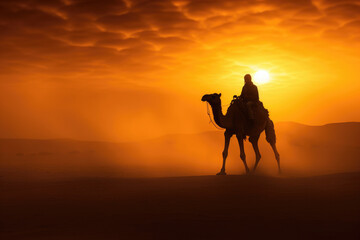 Men on Camels in Desert,silhouette of a camel rider.