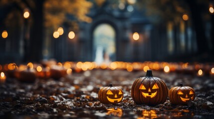Two glowing jack-o-lanterns sit atop a bed of colorful autumn leaves, radiating the spooky magic of halloween with their flickering candlelight - Powered by Adobe