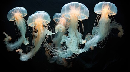  a group of jellyfish floating in the water together on a black background.  generative ai