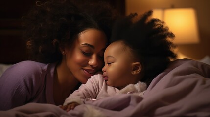 Caring Embrace - Tender Moment as Black Mom Kisses Her Baby. Emotional Connection and Joyful Cuddles in the Comfort of Home - obrazy, fototapety, plakaty