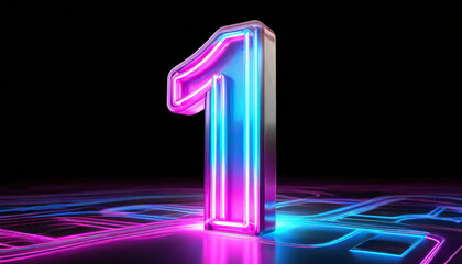 d render, number one glowing in the dark, pink blue neon light - obrazy, fototapety, plakaty