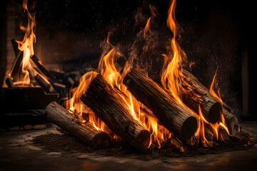 Logs burning in a fireplace Logs burning in a fireplace .