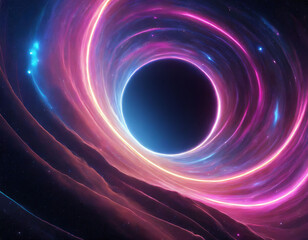d render, abstract cosmic background with galaxy and stars. Round vortex. Pink blue neon lines spinning around the black hole 