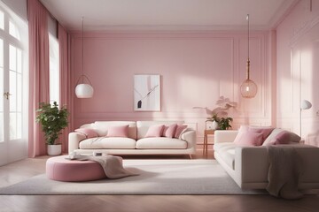 Fototapeta na wymiar Beautiful cozy bright modern living room with white sofa and soft pink decor